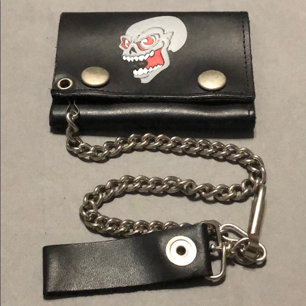 Skull print leather biker wallet.